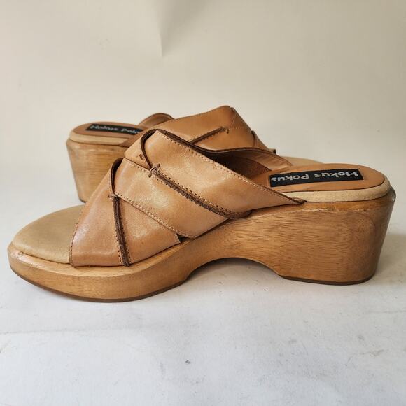 Vtg 90's Y2K Hokus Pokus Wooden Wedge Sandals Size 11M Brown Leather Woven - Picture 5 of 10